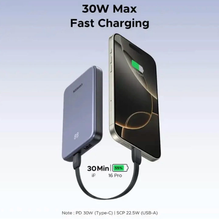 PowerBank Ugreen 30W, 20000 mAh, PB528 con cable integrado