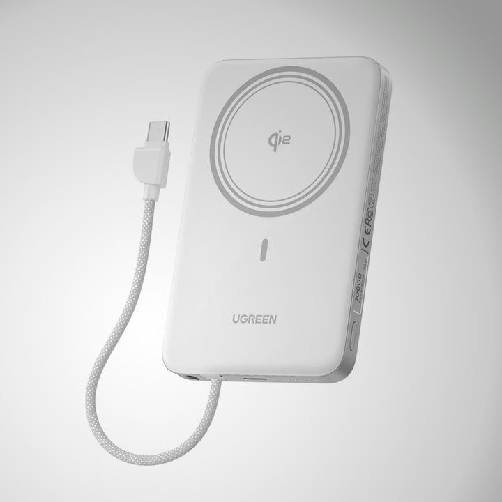 Power Bank inalámbrico imantado UGREEN MagFlow Air 30w 10000mAh, con cable integrado PB570, blanco