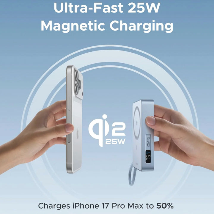 Banco de energía magnético inalámbrico UGREEN de 20000mAh y 45W, con puertos y diseño compacto.