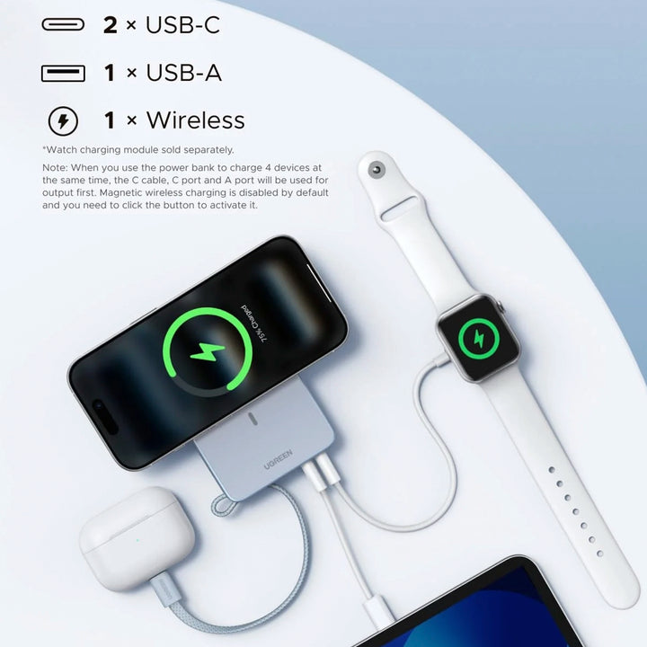 Banco de energía inalámbrico UGREEN PB775 de 20000mAh y 45W, cargador magnético con puertos USB-C y diseño compacto.