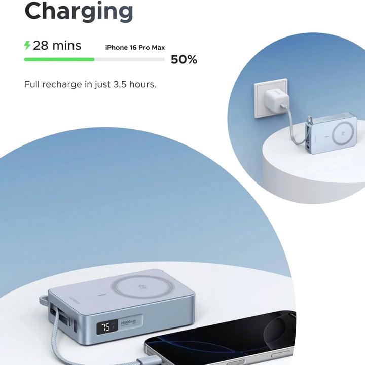 Power Bank UGREEN inalámbrico magnético de 20000mAh y 45W, cargador portátil con diseño compacto y conectores USB-C y USB-A.
