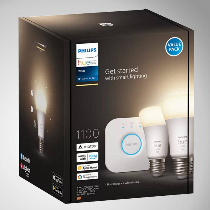 Starter Kit x2 Focos Inteligentes Cálido Philips Hue E27 9w + Bridge - Achorao