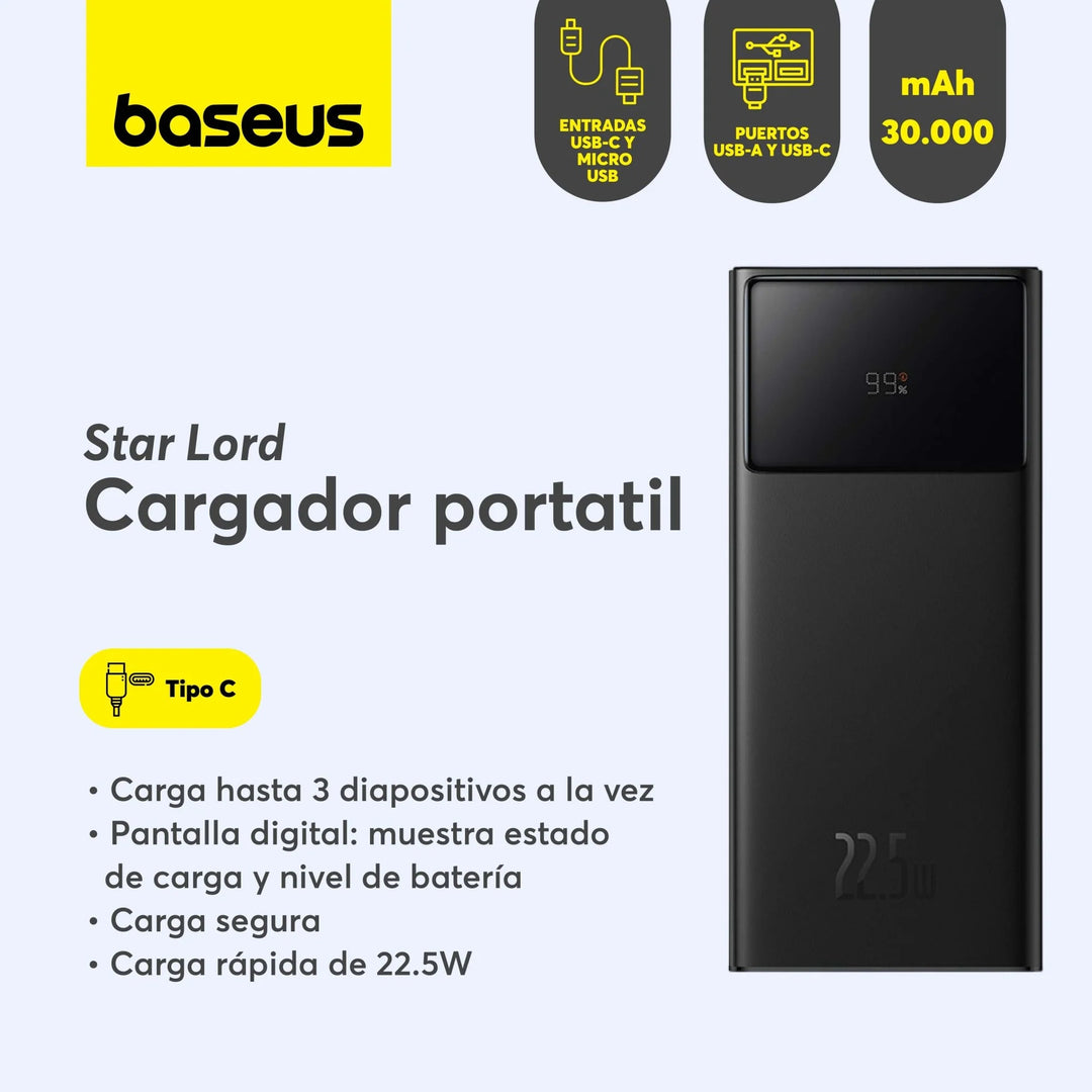 Power bank Baseus Star-Lord 30000 mAh, 22.5 W, carga rápida, pantalla digital, black - Achorao