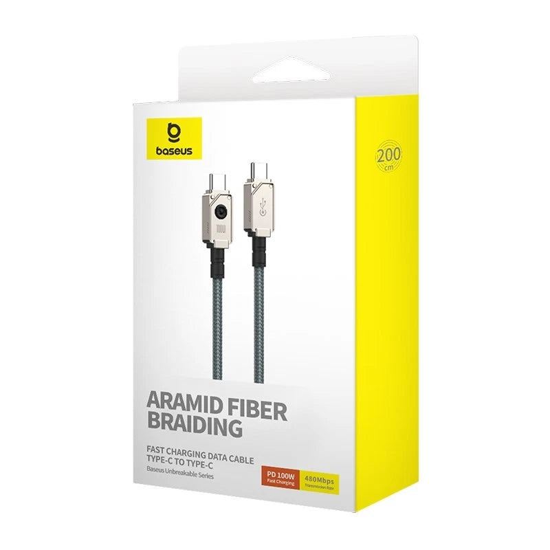 Cable de carga rápida Baseus Unbreakable Series, USB-C a USB-C, transferencia de datos, 100 W, 2 m - Achorao