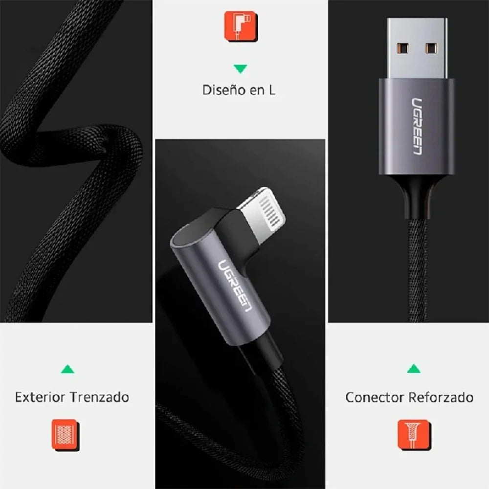 Cable Lightning a USB-A en Ángulo Recto UGREEN Gamer 1 Metro Negro, Modelo US299, PN 60521