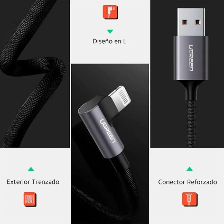 Cable Lightning a USB-A en Ángulo Recto UGREEN Gamer 1 Metro Negro, Modelo US299, PN 60521