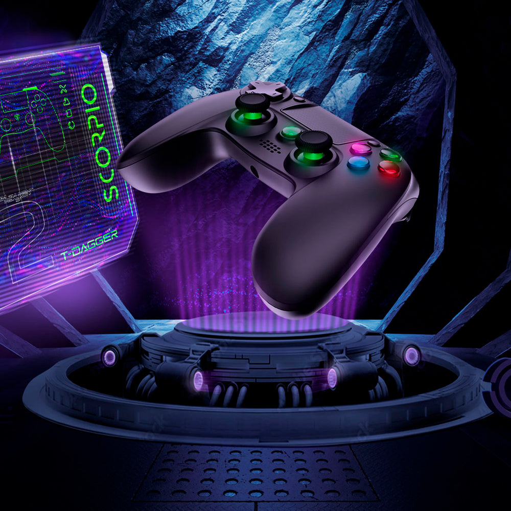 Mando gamer inalámbrico T-Dagger Scorpio T-TGP802 negro para PC y PS4, con botones y palancas visibles.