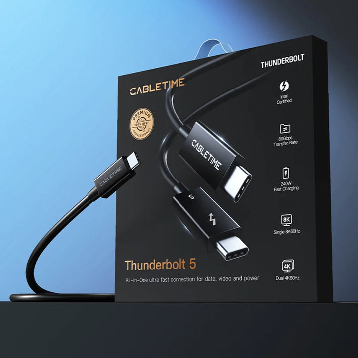 Cable USB-C Thunderbolt 5 CABLETIME CT50G | Carga Ultra PD 240W, 80 Gbps, 0.8m
