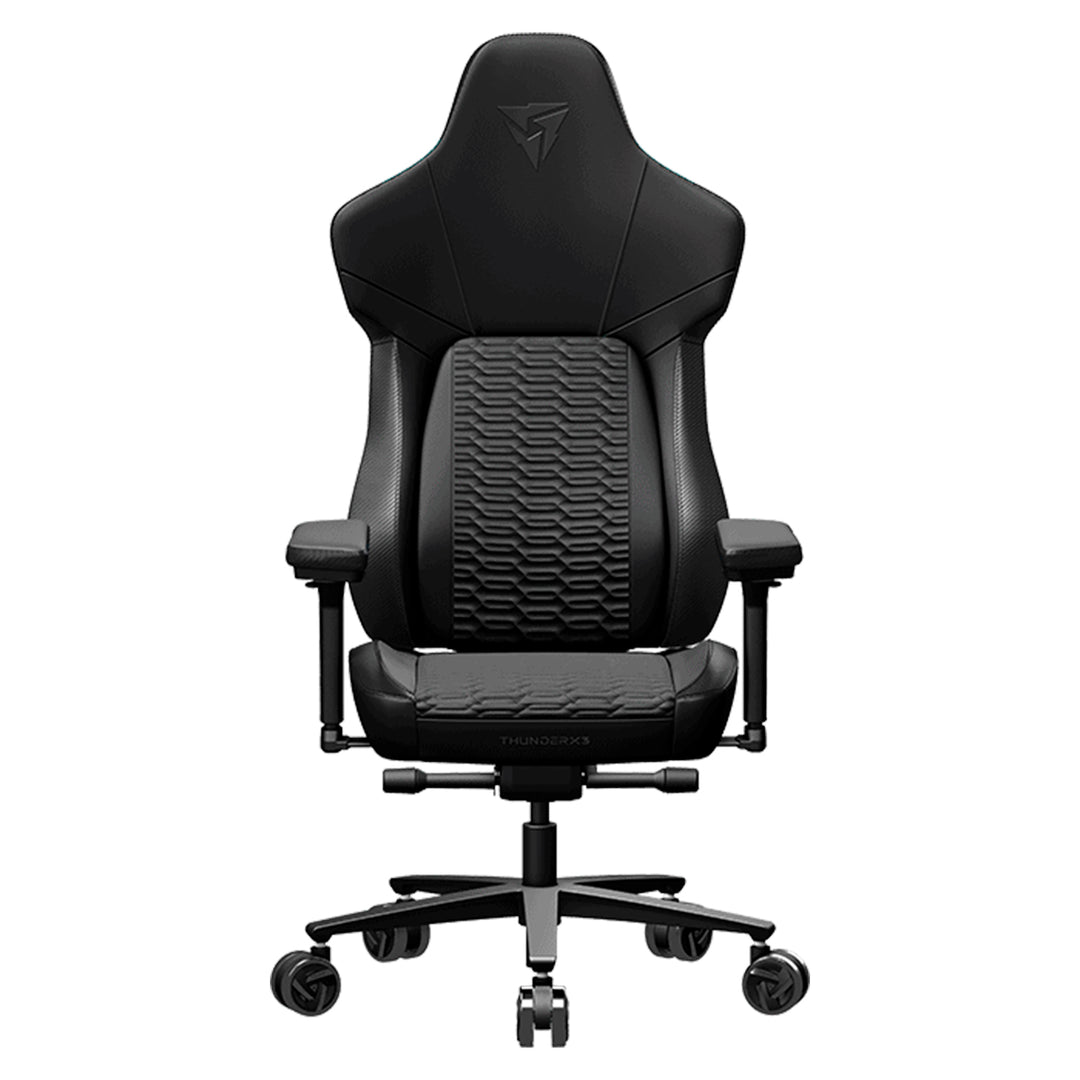 Silla gamer ThunderX3 Core Racer negra con diseño ergonómico y soporte lumbar para gaming cómodo y profesional.