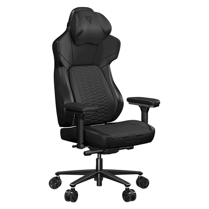 Silla gamer ThunderX3 Core Racer negra con diseño ergonómico y soporte lumbar, ideal para largas sesiones de juego.