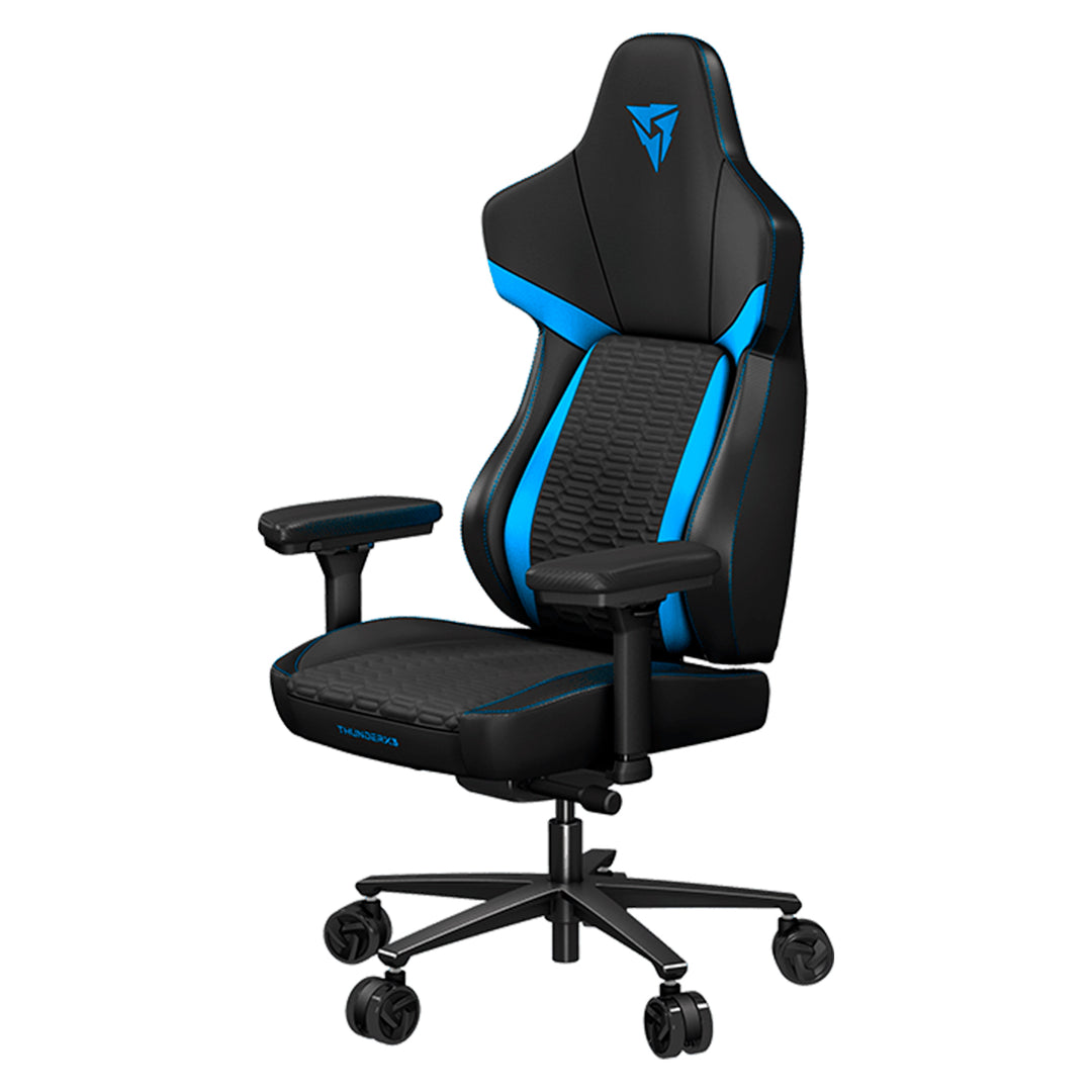 Silla gamer ThunderX3 Core Racer negra con diseño ergonómico y soporte lumbar, ideal para largas sesiones de juego.