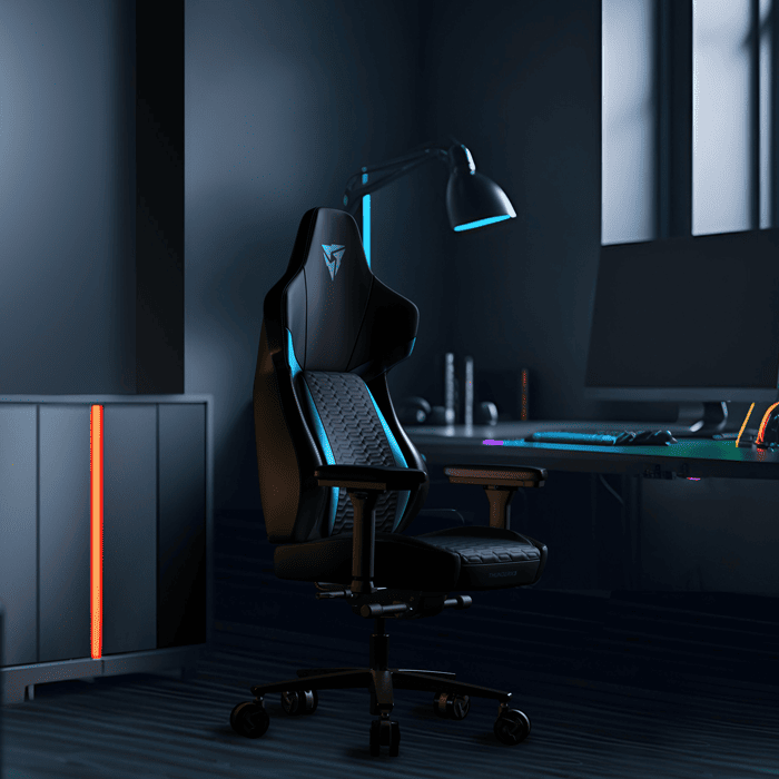 Silla gamer ThunderX3 Core Racer negra con respaldo alto y reposabrazos ajustables para gaming cómodo y ergonómico.