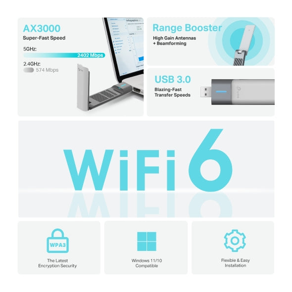 Adaptador Wi-Fi 6 TP-LINK ARCHER TX50UH USB AX3000 High Gain Dual Band - Achorao