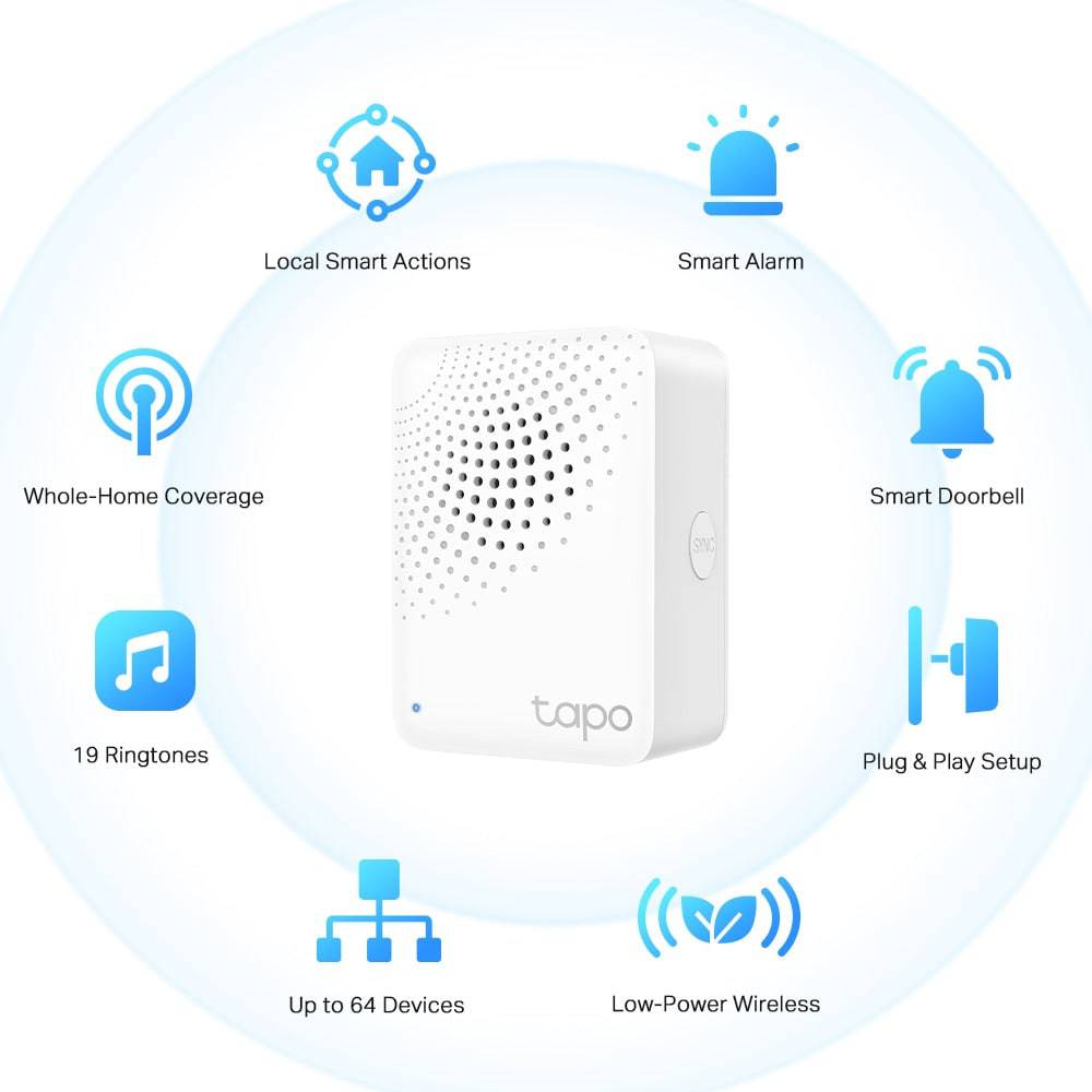 TP-Link Tapo H100 Smart Hub with Chime con 19 Tonos, Control Inteligente centralizado Hogar, Enlace a WiFi hasta 64 Dispositivos - Achorao