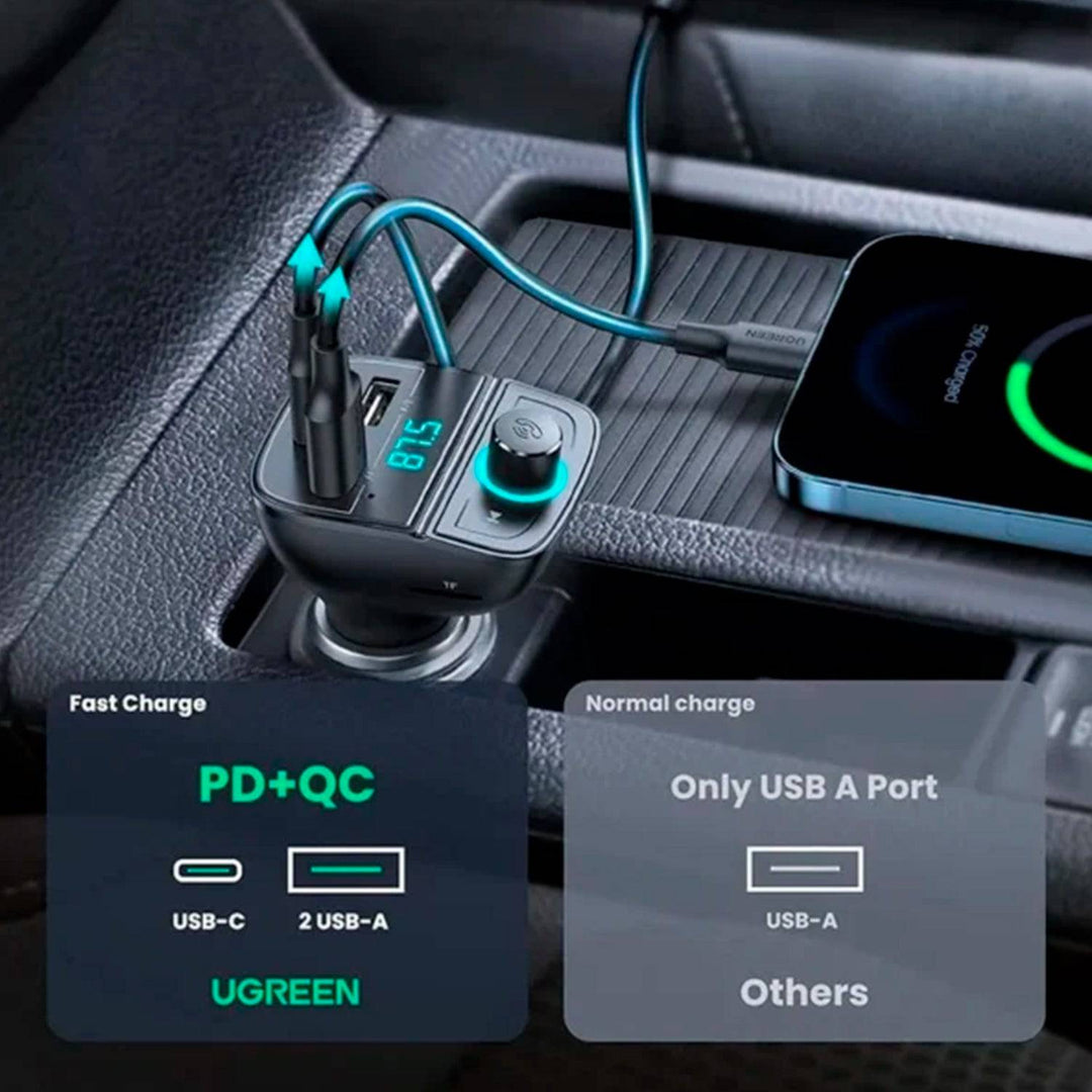 Cargador de auto Bluetooth UGREEN (5.0+PD+QC3.0+USB Flash Drive+TF) (Black) CD229 - Achorao