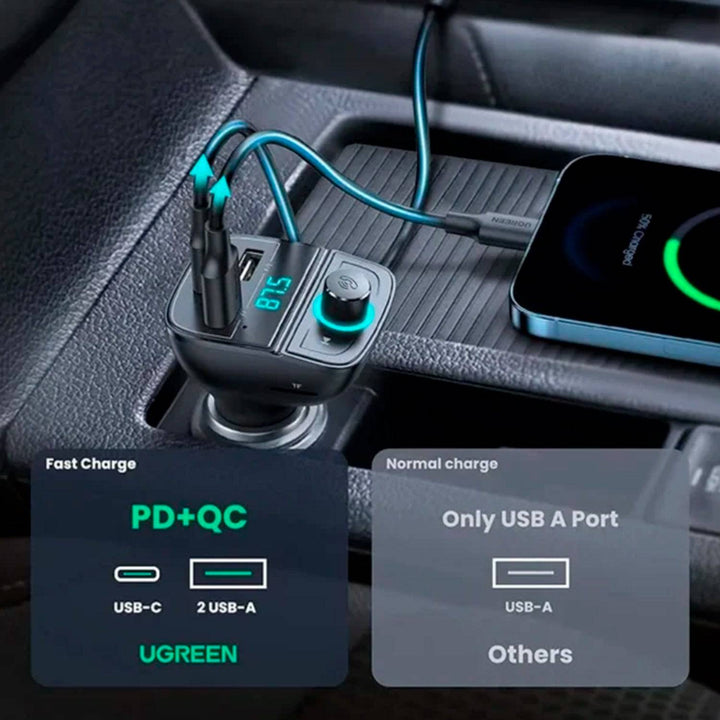 Cargador de auto Bluetooth UGREEN (5.0+PD+QC3.0+USB Flash Drive+TF) (Black) CD229 - Achorao