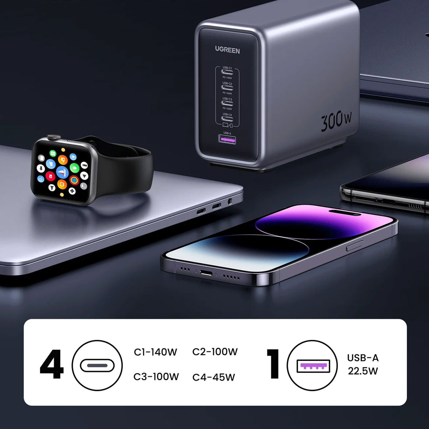 Cargador de escritorio UGREEN Nexode 300W USB-C GaN de 5 puertos CD333 - Achorao