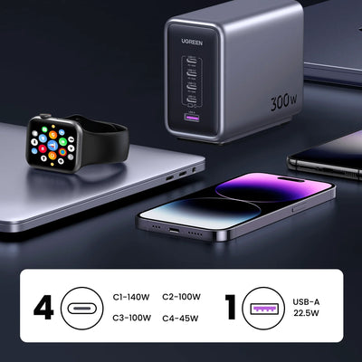Cargador de escritorio UGREEN Nexode 300W USB-C GaN de 5 puertos CD333 - Achorao