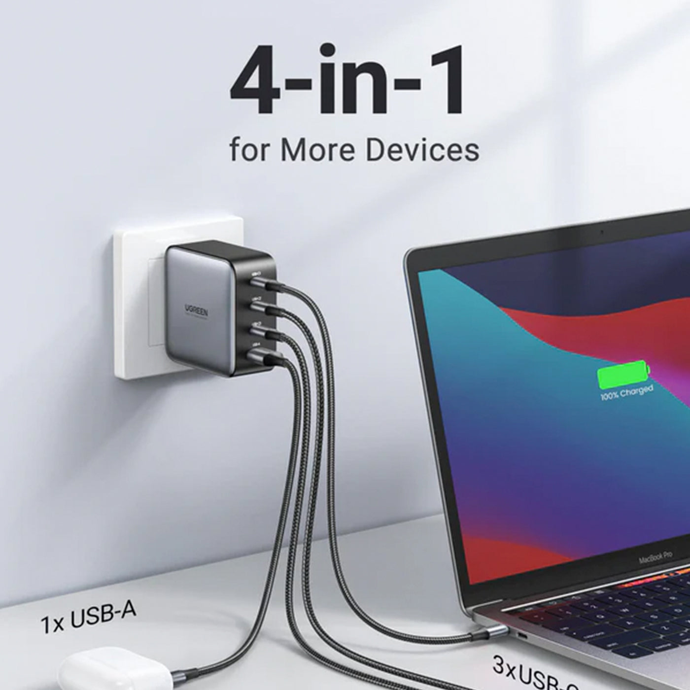 Cargador de Pared UGREEN Nexode 100W USB C GaN CD226 - 4 Puertos - Achorao