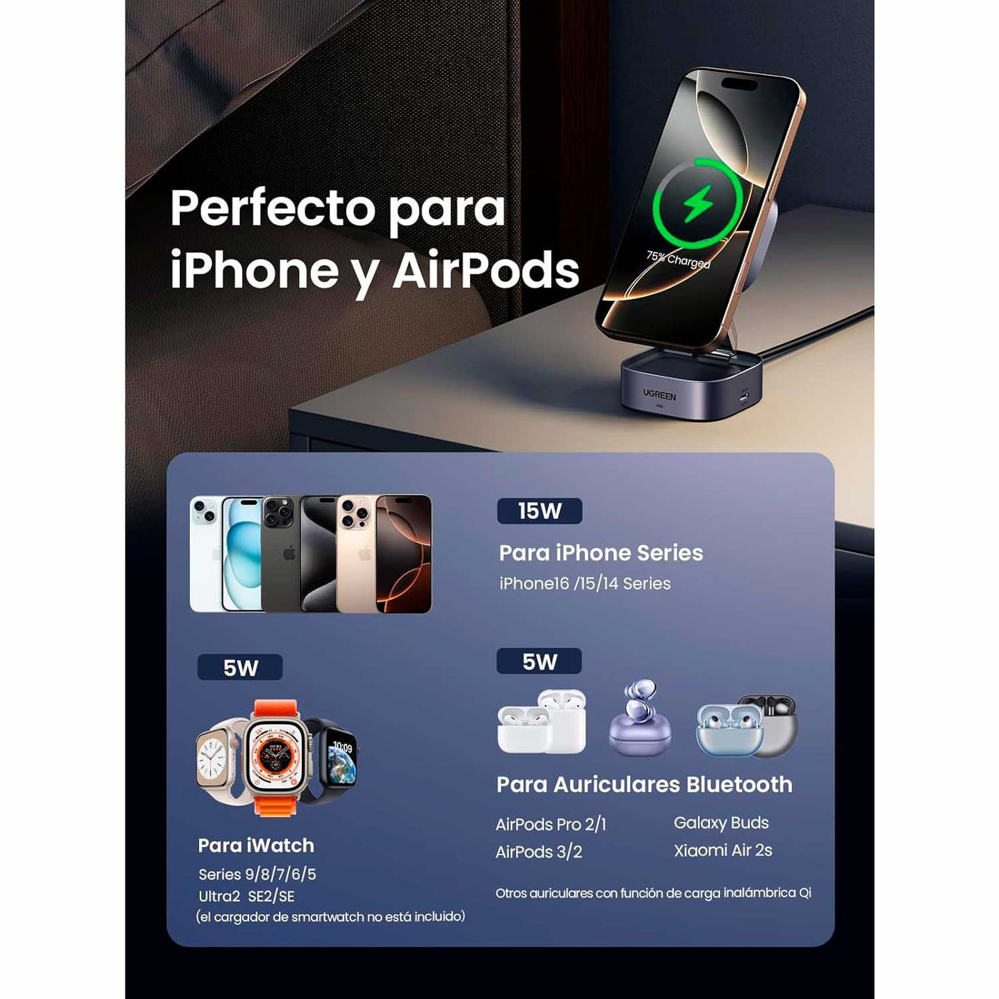 Cargador inalámbrico magnético UGREEN 15W 2 en 1 W702 - Achorao