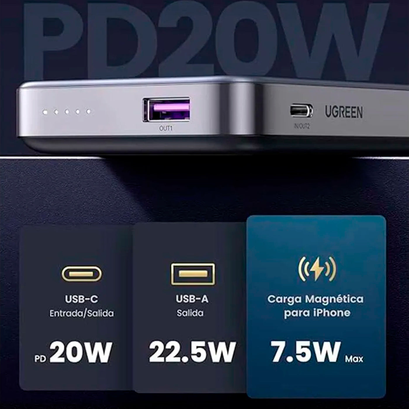 Cargador Portatil Inalámbrico Ugreen 20W Magnetico 10,000mAh - PB206 - Achorao