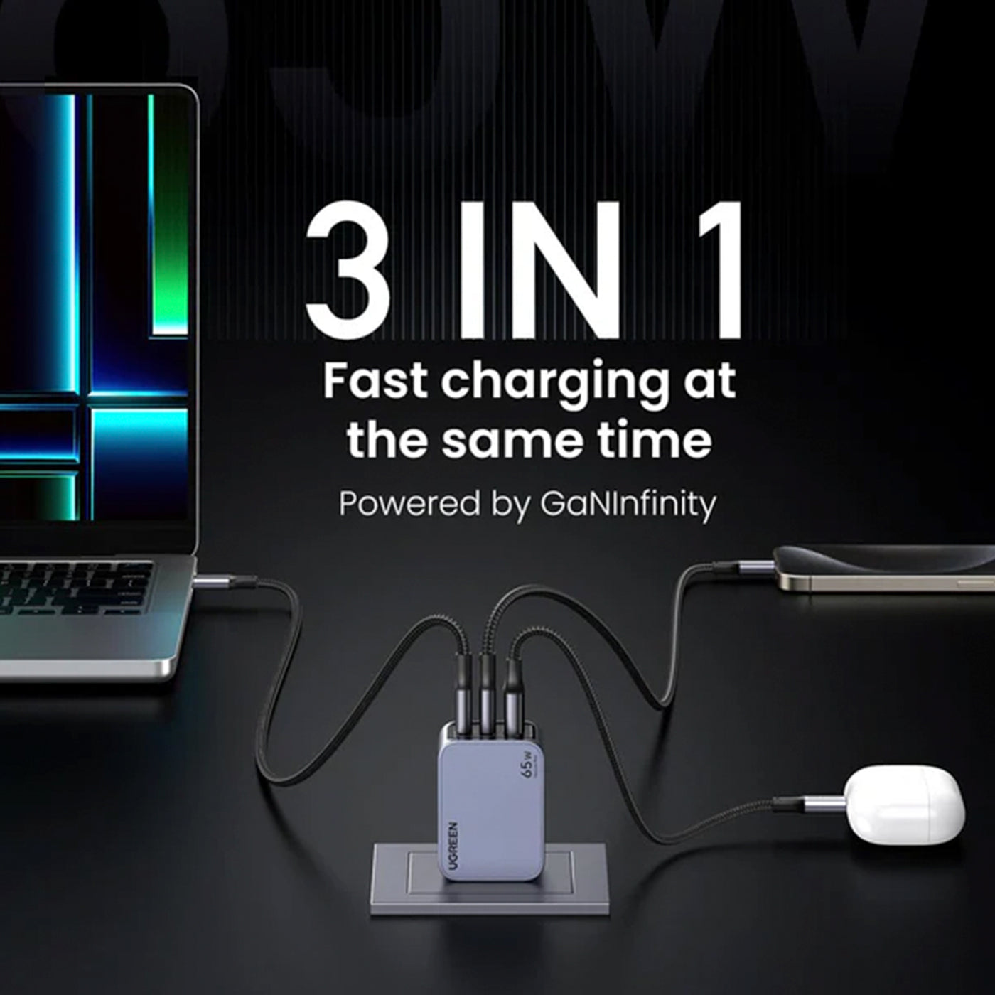 Cargador rápido para iPhone UGREEN Nexode Pro 65W 3-Port GaN X755 - Achorao