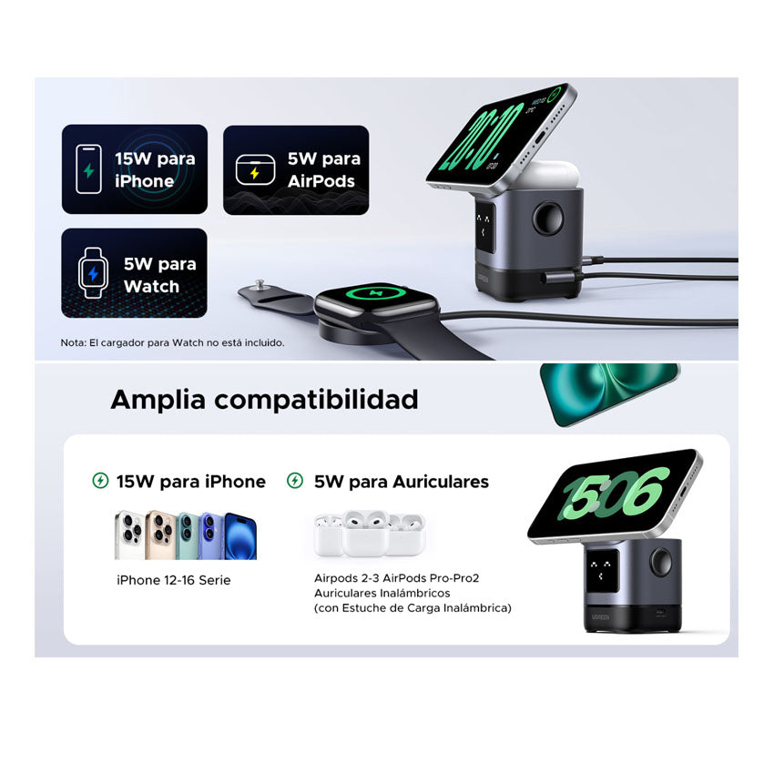 Estación de carga magnética inalámbrica UGREEN Uno 2 en 1, para i phone W709 - Achorao