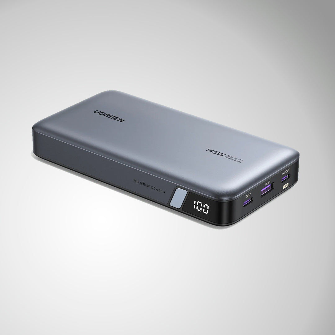 Power bank UGREEN PB205 de 25000 mAh con carga rápida bidireccional y 145 W, cargador portátil compacto y potente.