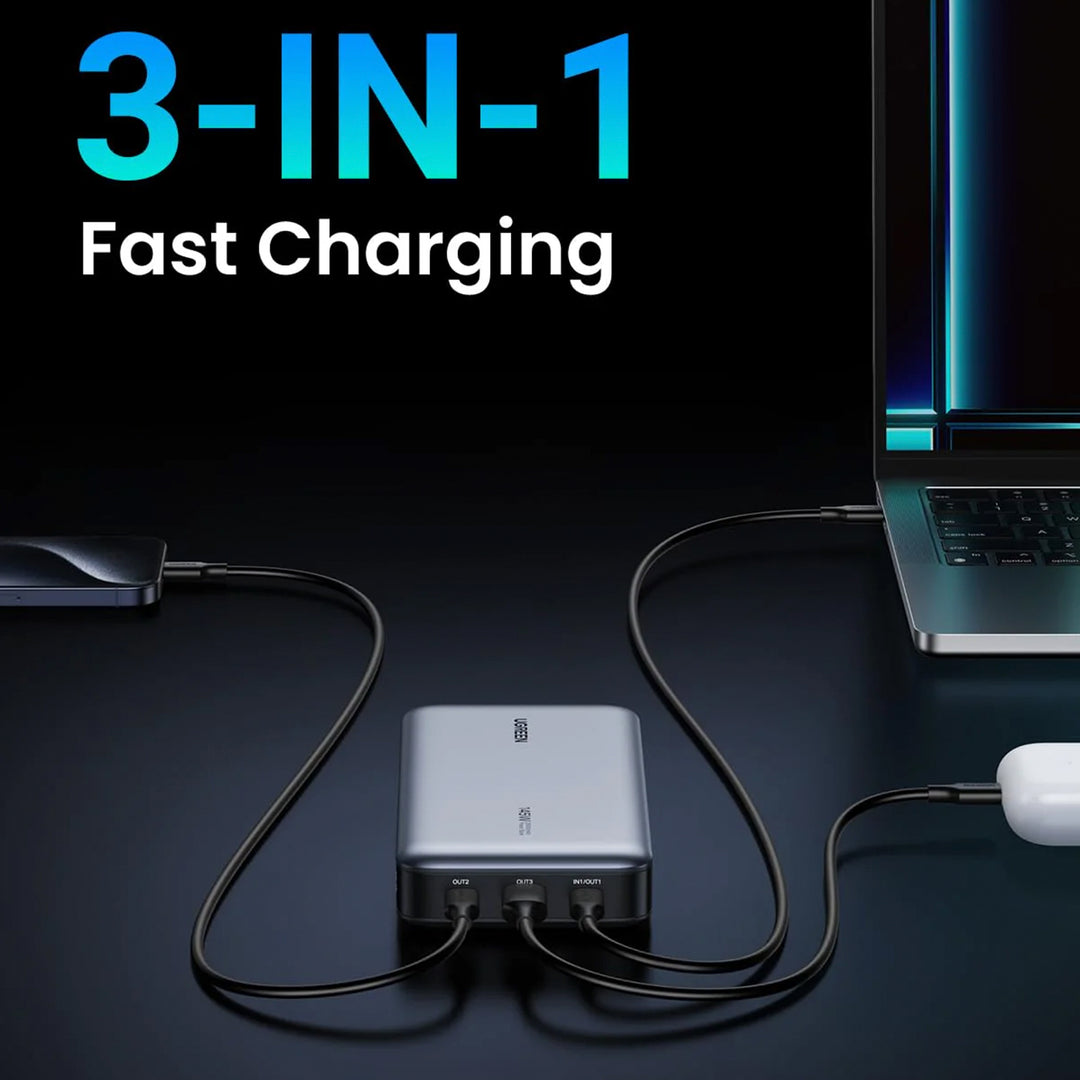 Power bank UGREEN PB205 de 25000 mAh con carga rápida bidireccional y potencia de 145 W para carga eficiente.