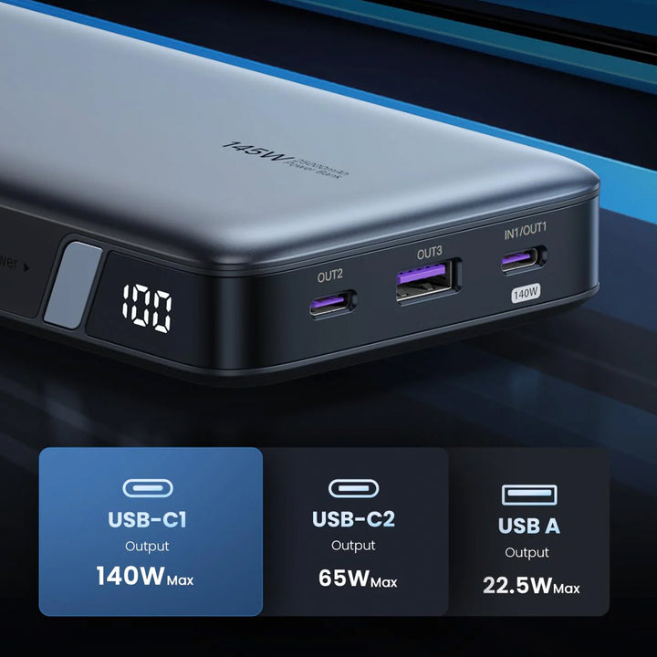 Power bank UGREEN PB205 de 25000 mAh con carga rápida bidireccional y potencia de 145 W, en color negro.