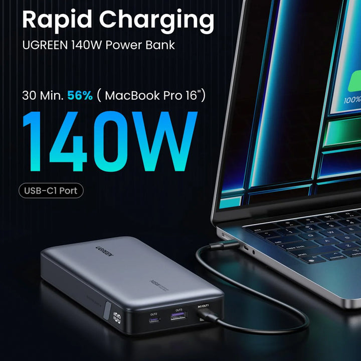 Cargador power bank UGREEN PB205 de 25000 mAh con carga rápida bidireccional y potencia de 145 W.