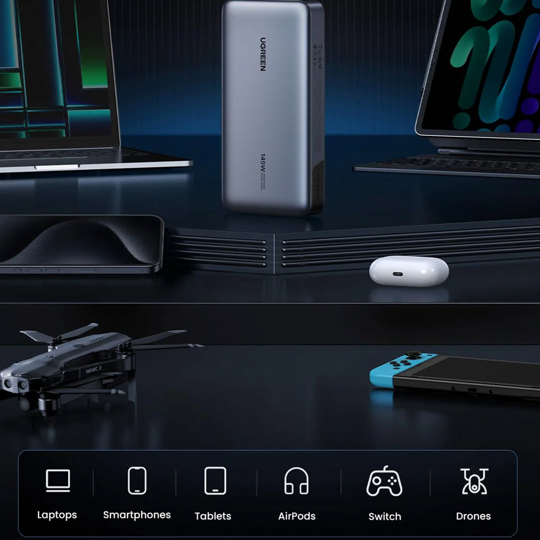 Banco de energía UGREEN PB205 con carga rápida bidireccional, 25000 mAh y potencia de 145 W, para cargar dispositivos móviles.