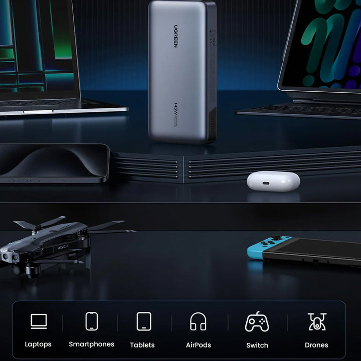Banco de energía UGREEN PB205 con carga rápida bidireccional, 25000 mAh y potencia de 145 W, para cargar dispositivos móviles.