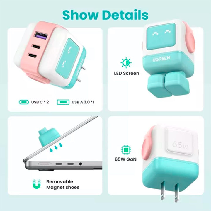 Adaptador/Cargador de corriente UGREEN Uno, USB-C 65W, Puertos 2 x USB-C / 1 x USB-A (CD361) - Achorao