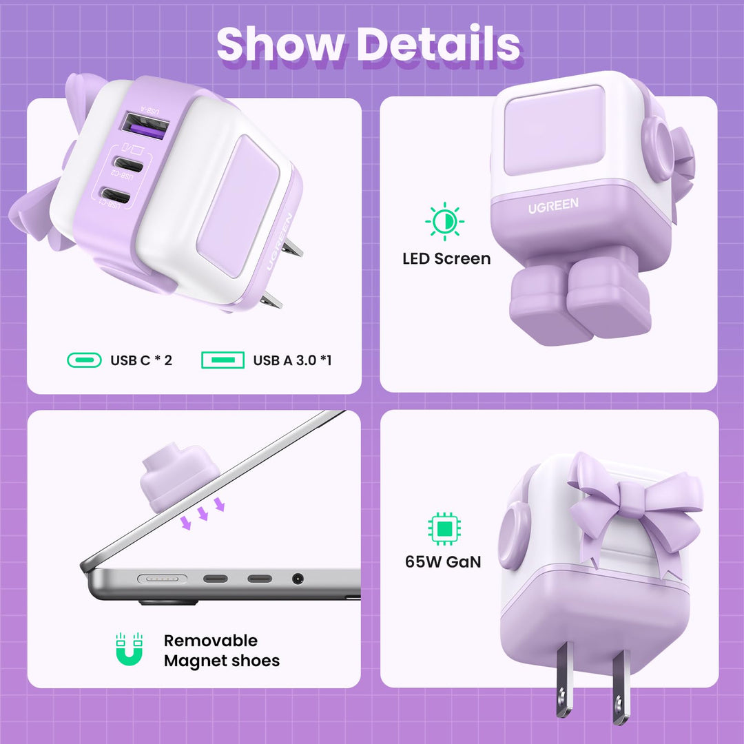Adaptador/Cargador de corriente UGREEN Uno, USB-C 65W, Puertos 2 x USB-C / 1 x USB-A (CD361) - Achorao