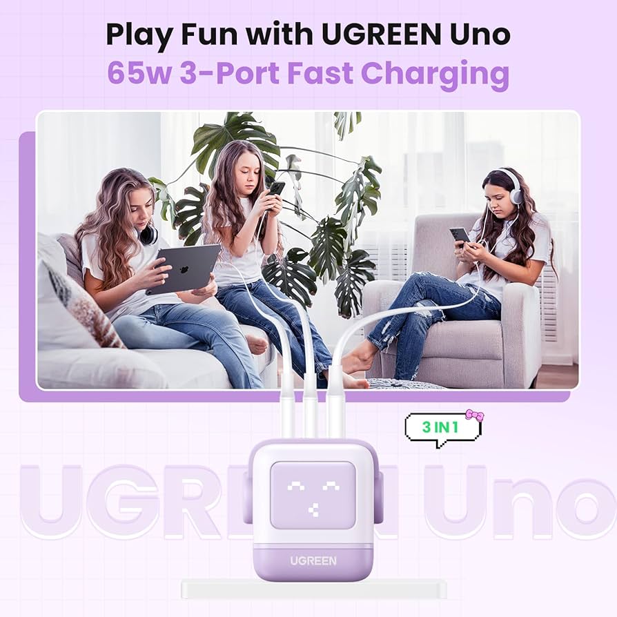 Adaptador/Cargador de corriente UGREEN Uno, USB-C 65W, Puertos 2 x USB-C / 1 x USB-A (CD361) - Achorao