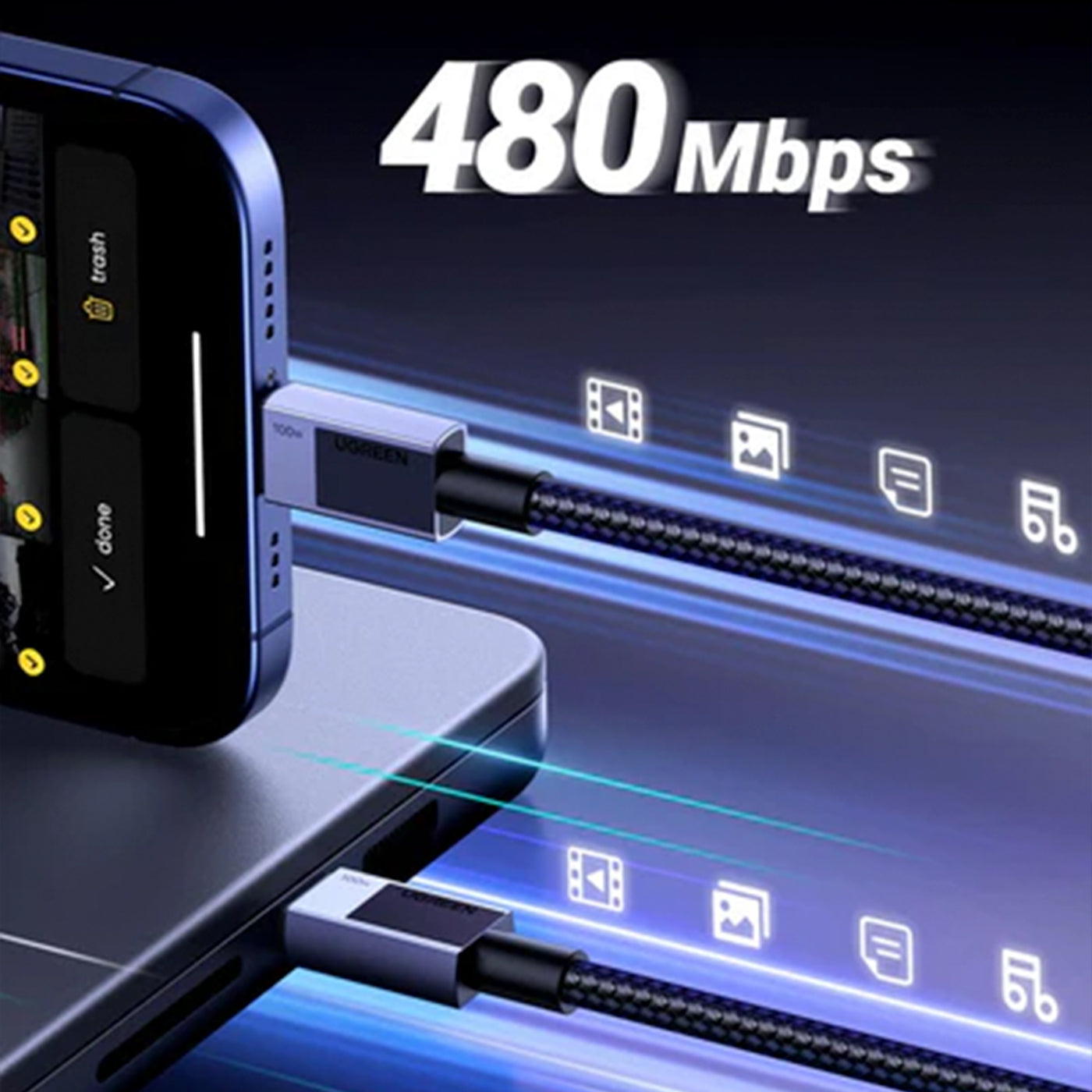 Cable de carga rápida y transferencia de datos Ugreen USB-C a USB-C L512 100W - 1m - Achorao