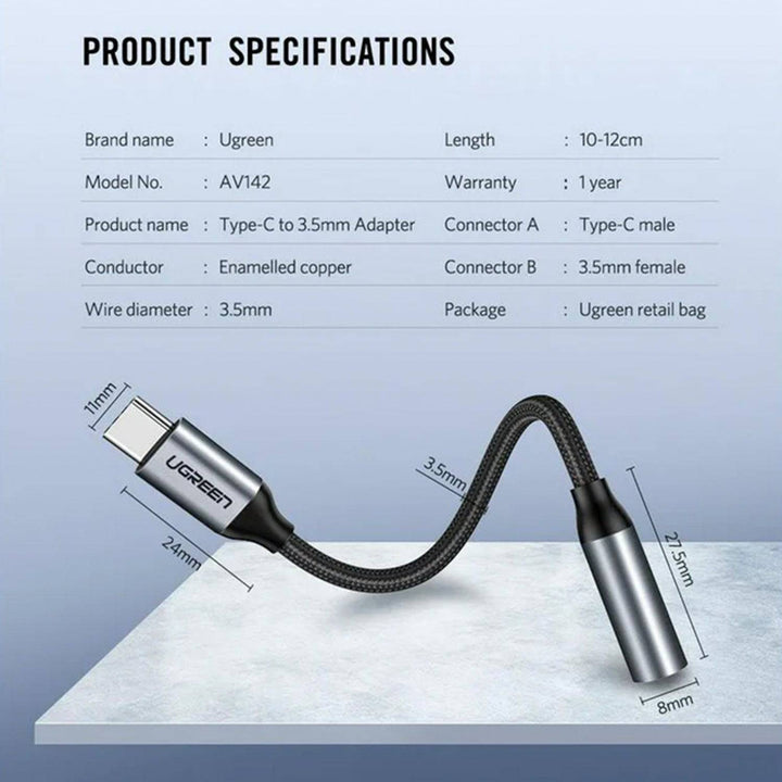 Cable Hembra UGREEN USB Tipo C a 3.5mm  10cm (Gray) AV142 - Achorao