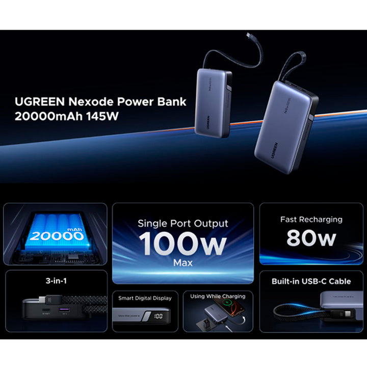 Ugreen 145W 20000mAh PowerBank charger with USB-C port, portable and compact for fast device charging.