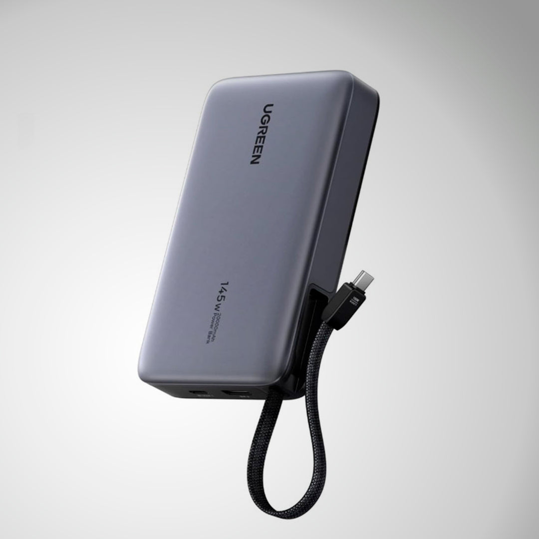 Ugreen 145W 20000mAh PowerBank with USB-C port, portable charger for smartphones and tablets, black with branding.