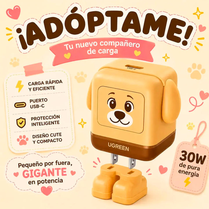 Cargador rápido Ugreen Uno Nexode RG Robot GaN 30W USB-C dorado, compacto y eficiente para carga rápida de dispositivos.