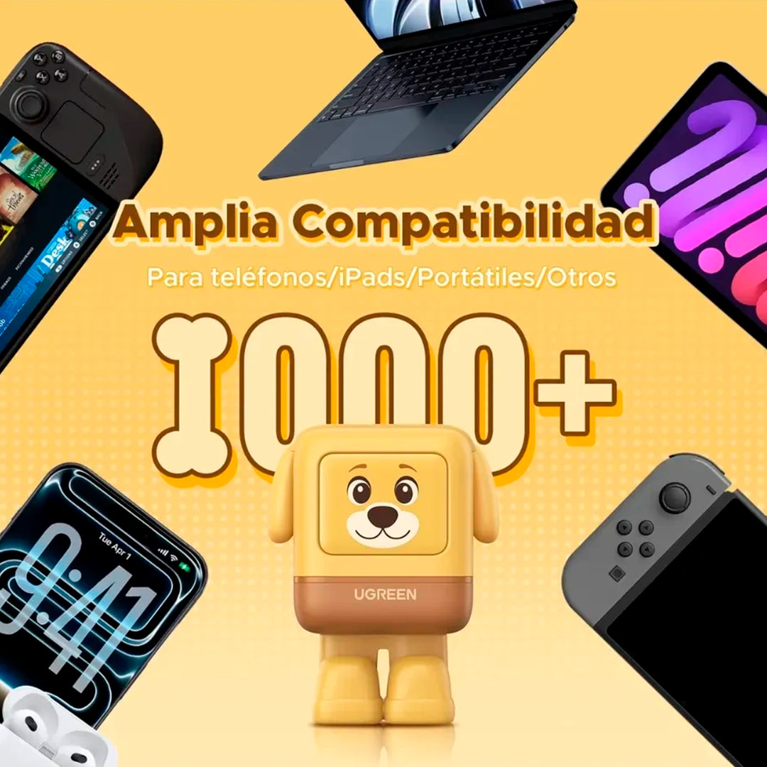 Cargador rápido Ugreen Nexode RG Robot GaN 30W USB-C en color dorado para carga eficiente de dispositivos electrónicos.