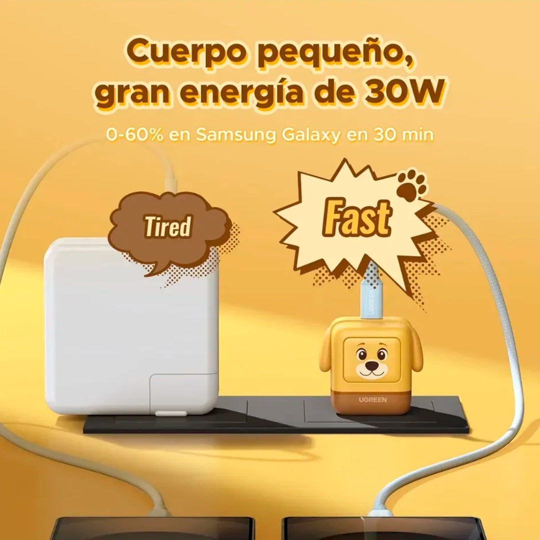 Cargador rápido Ugreen Uno Nexode RG Robot GaN de 30W con puerto USB-C y diseño en color dorado, para carga eficiente de dispositivos.