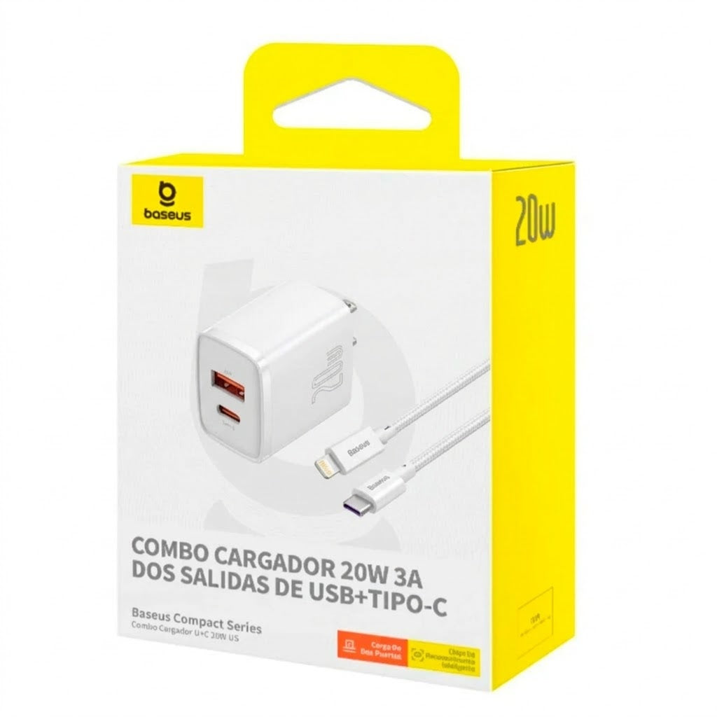 Combo Cargador + Cable Lightning Baseus 20W 3A dos salidas USB-A + Tipo-C US - Achorao