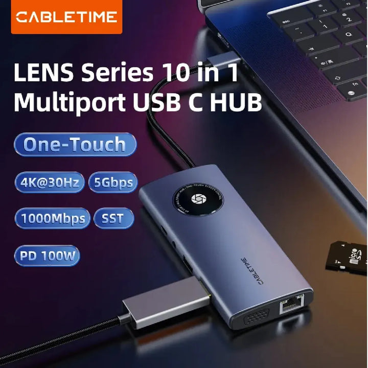 Hub Adaptador USB-C 10 en 1 CABLETIME CB91G | HDMI 4K, PD 100W, Ethernet, VGA, USB 3.0