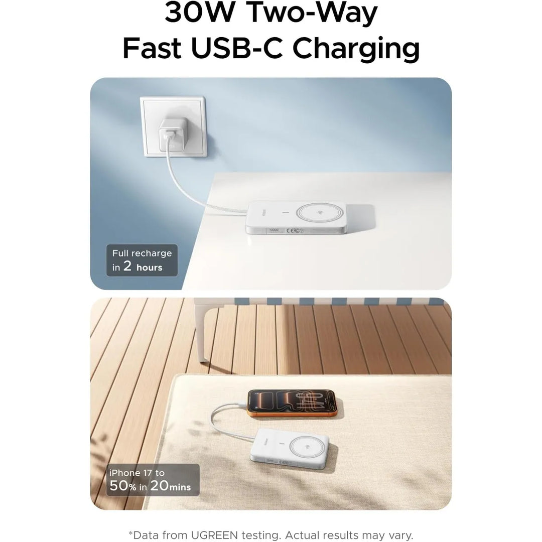Power Bank inalámbrico imantado UGREEN MagFlow Air 30w 10000mAh, con cable integrado PB570, blanco