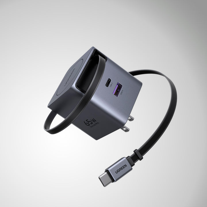 Cargador de carga rápida UGREEN 65W 2C1A Cable retráctil GaN Fast Charger X615
