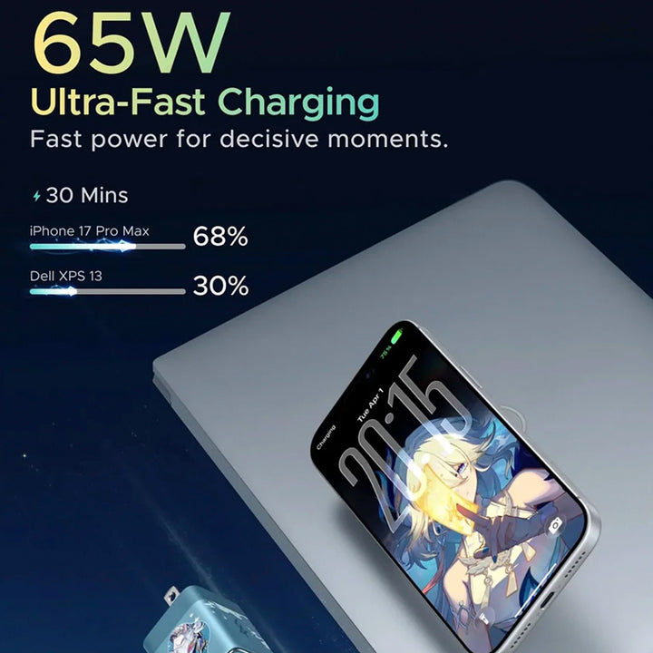 Cargador rápido UGREEN 65W GaN edición limitada Honkai: Star Rail con cable USB-C X860, compacto y eficiente para dispositivos.