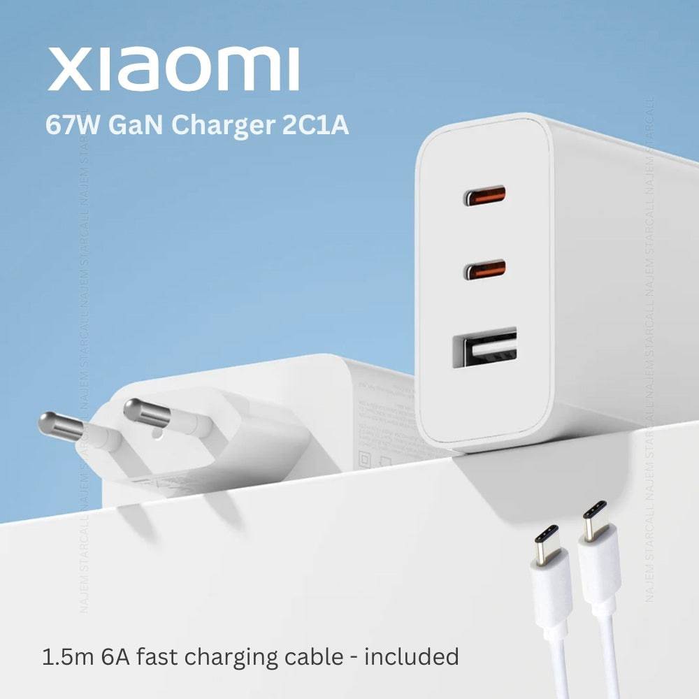 Cargador Xiaomi 67W GaN 2C1A Cargador de Pared para Smartphone USB-A 67W + Cable Tecnología de enfriamiento GaN (nitruro de galio) - Achorao