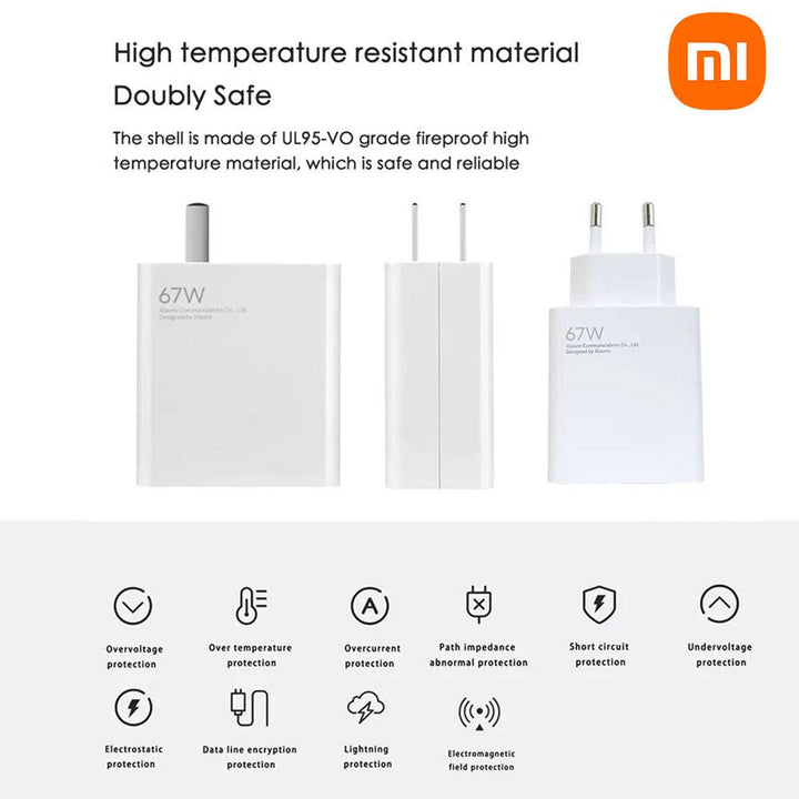 Cargador Xiaomi 67W GaN 2C1A Cargador de Pared para Smartphone USB-A 67W + Cable Tecnología de enfriamiento GaN (nitruro de galio) - Achorao